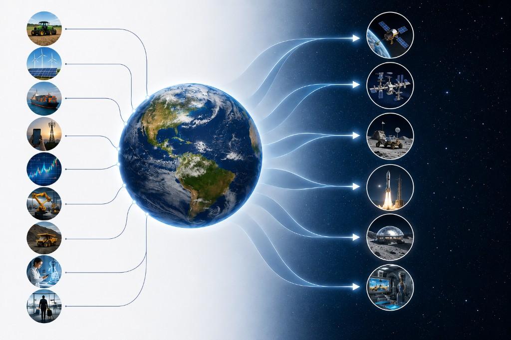 Infografía: sectores económicos terrestres conectados con áreas emergentes de la economía espacial alrededor de la Tierra